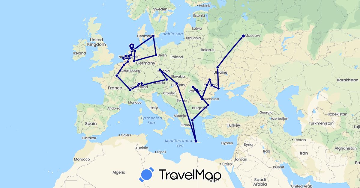 TravelMap itinerary: driving in Austria, Belgium, Bulgaria, Switzerland, Czech Republic, Germany, Denmark, France, Greece, Hungary, Liechtenstein, Moldova, Netherlands, Romania, Russia, Ukraine (Europe)
